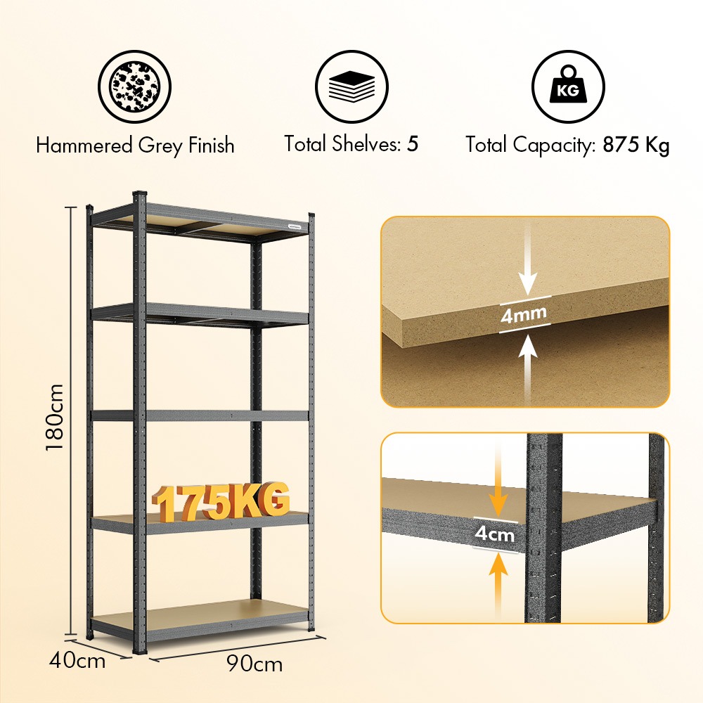 5-Tier Metal Shelving Unit x5 –  Grey (180 x 90 x 40cm)