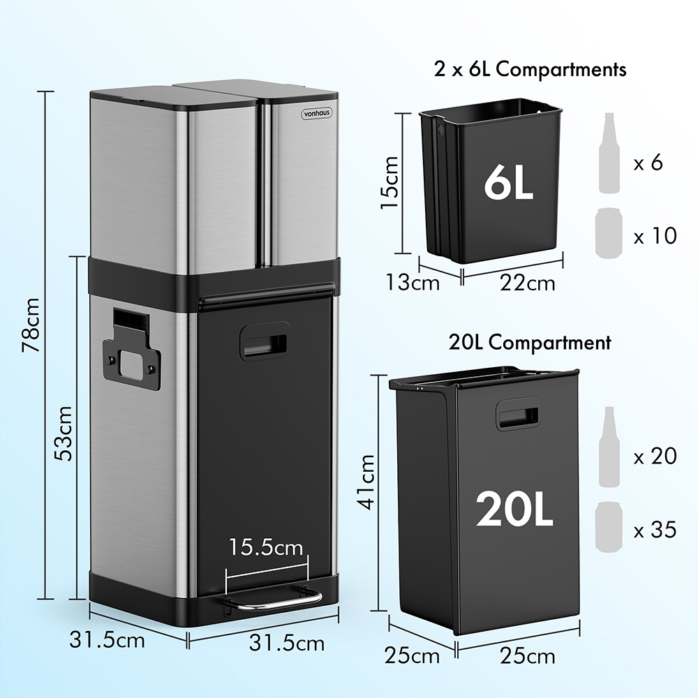 Triple Stainless Steel Recycling Bin - 32L