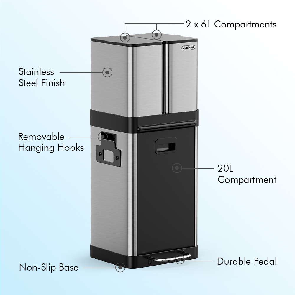 Triple Stainless Steel Recycling Bin - 32L