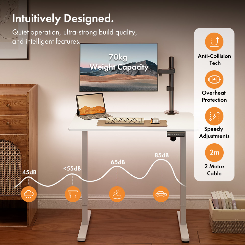 White Standing Desk 100x60cm with USB-C Charging Port