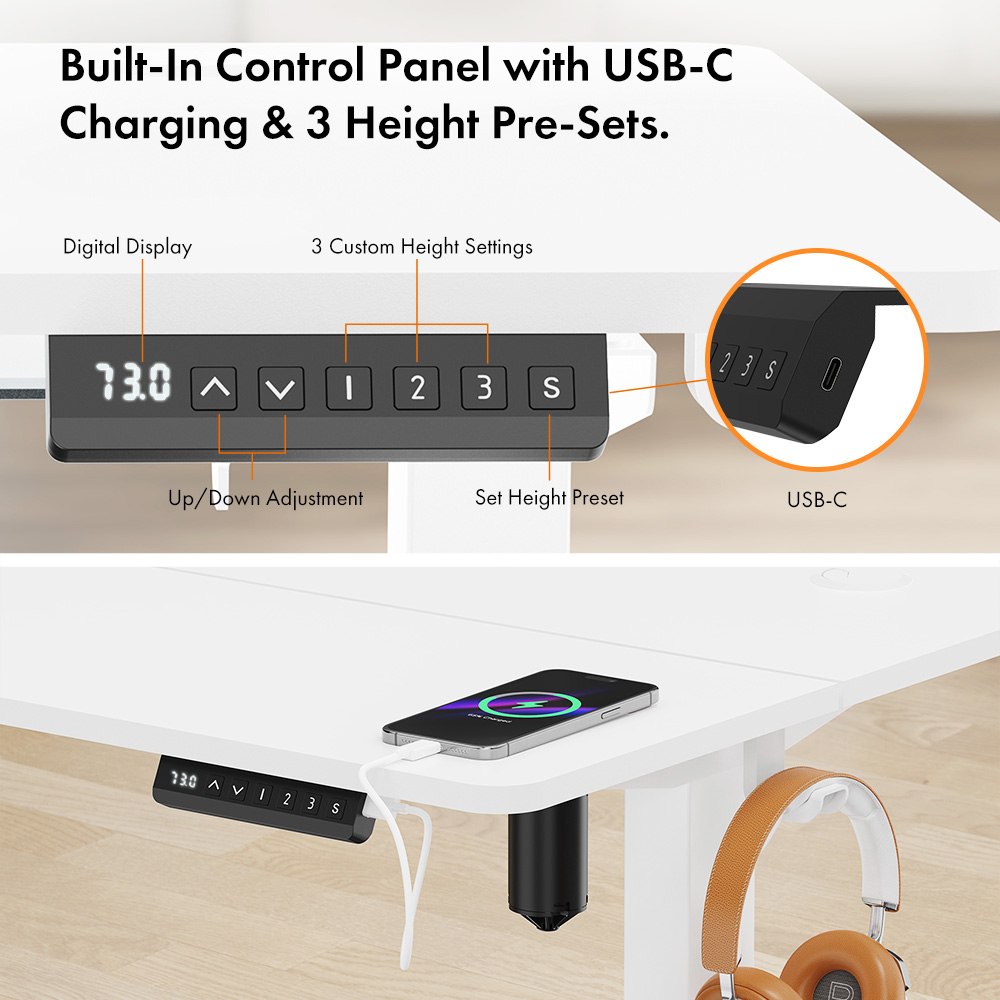 White Standing Desk 100x60cm with USB-C Charging Port