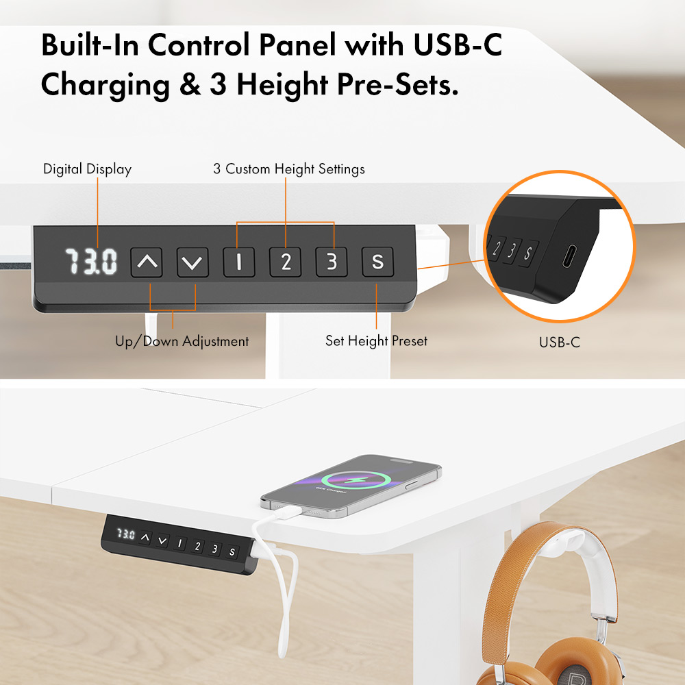 White Standing Desk 120x60cm with USB-C Charging Port